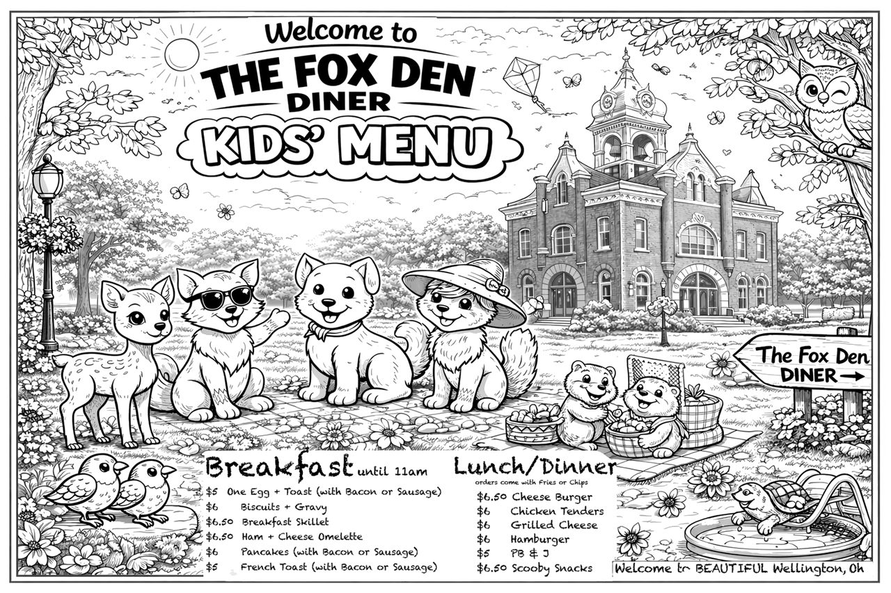 The Fox Den kids' coloring menu