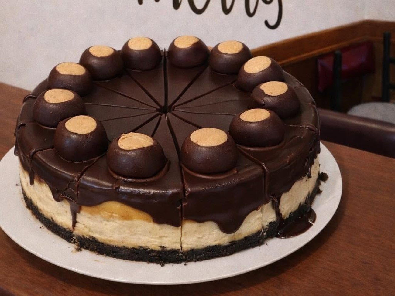 Buckeye cheesecake with peanut butter buckeyes and chocolate ganache