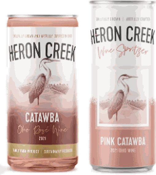 Heron Creek Catawba rosé bottle and Pink Catawba wine spritzer can