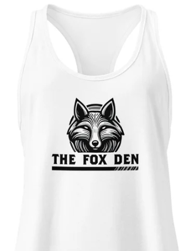 White racerback tank with the Fox Den logo