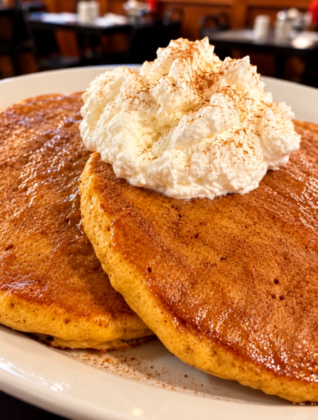 Two pumpkin spice pancakes topped with whipped cream and cinnamon