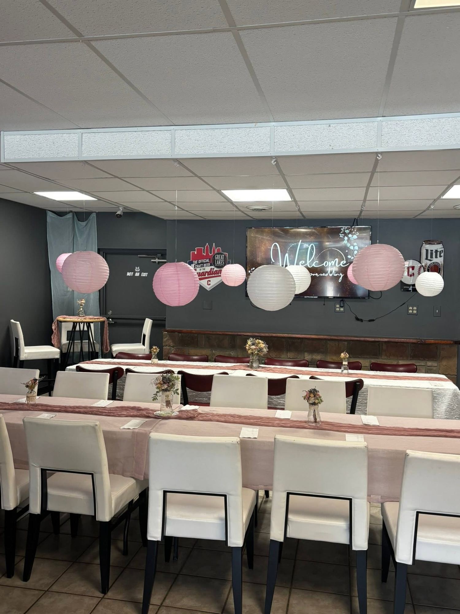 The Fox Den Party Center set up for a wedding celebration