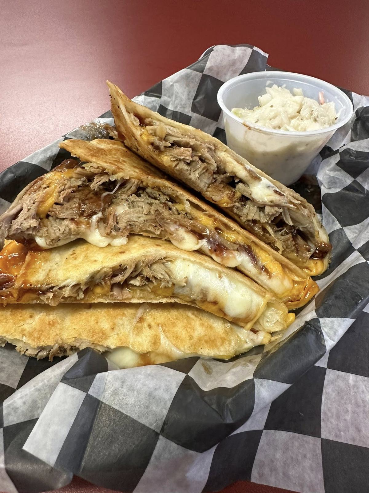 Pulled pork quesadilla with coleslaw