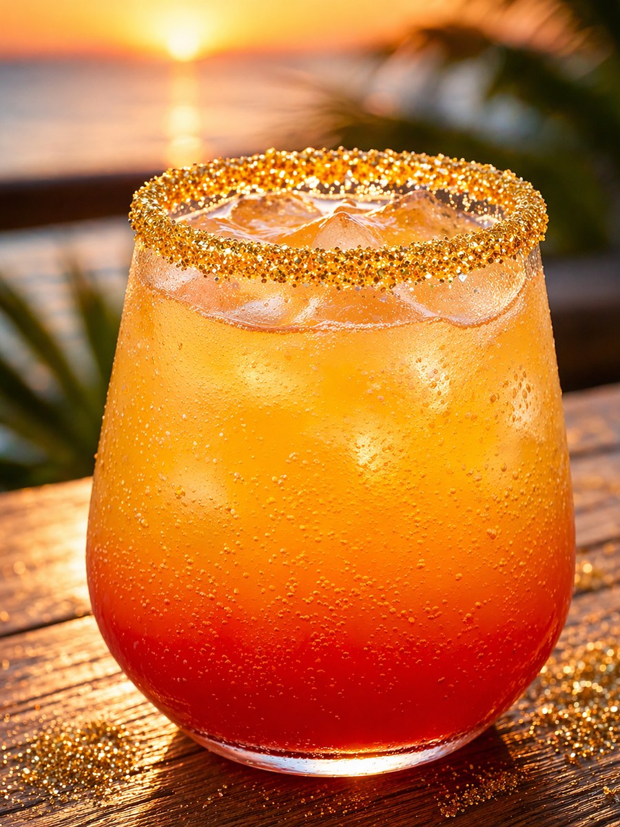 Sun Kissed Sipper cocktail, a sunset-coloured drink with a gold sugar rim
