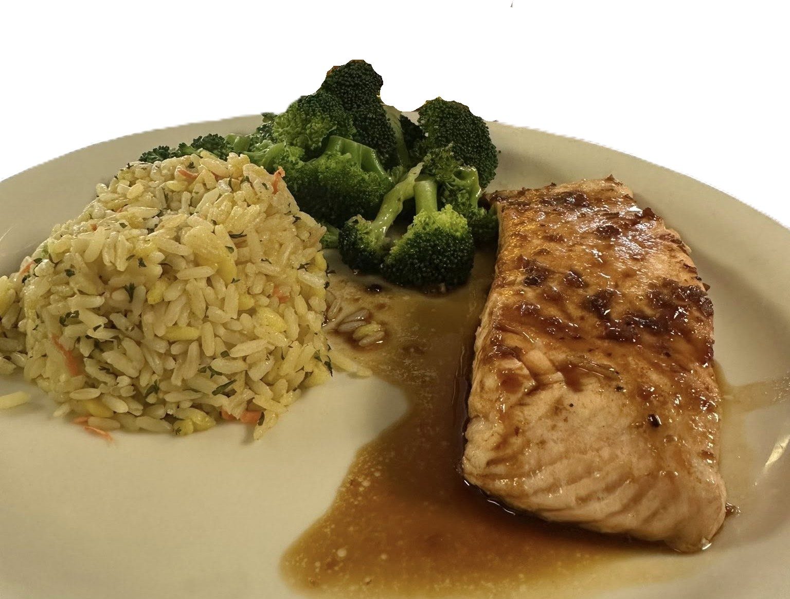 Glazed sweet bourbon salmon with rice and broccoli